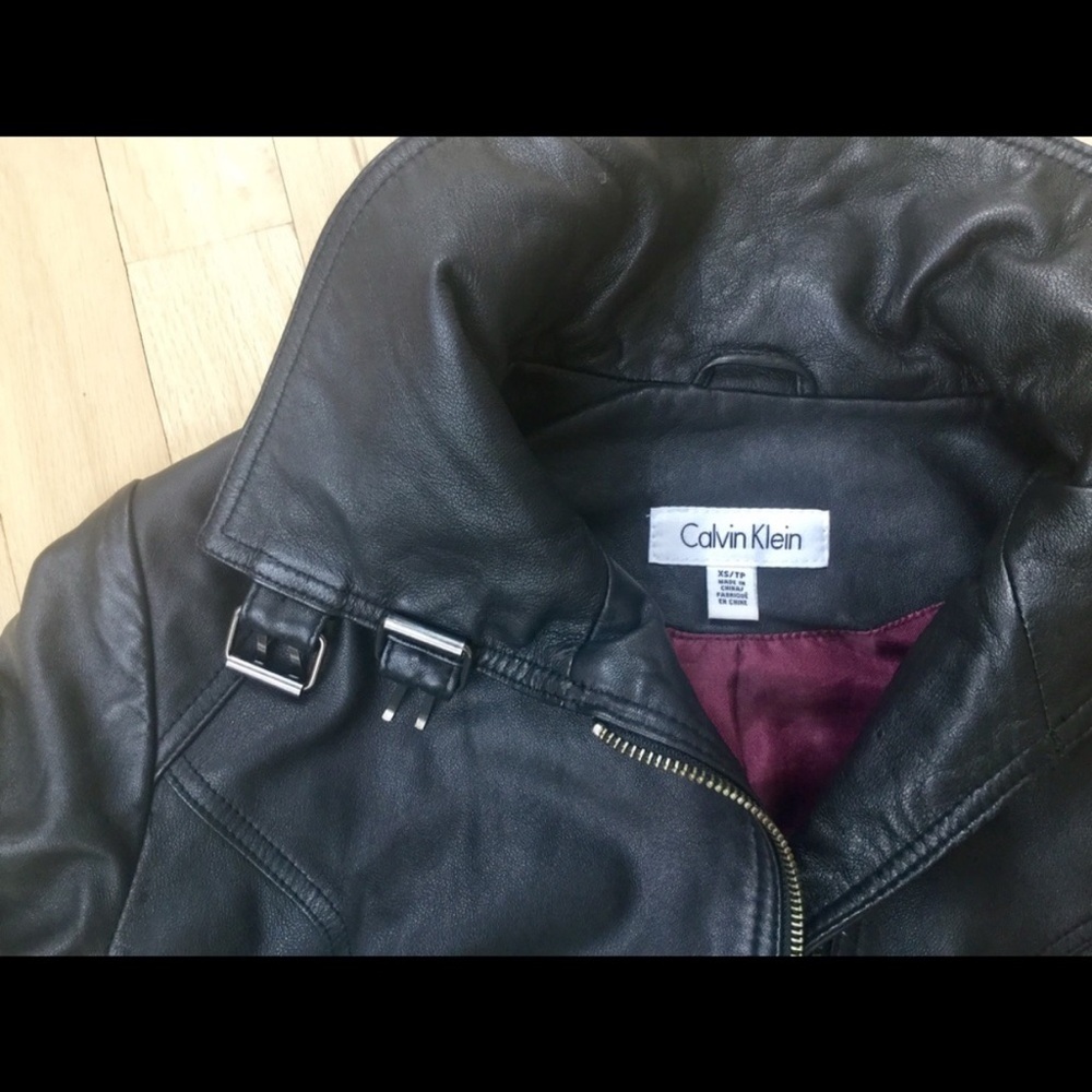 Calvin Klein Black Leather Funnel Collar High Neck Asymmetrical Moto Jacket XS - Picture 8 of 10